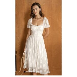 RIHOAS Square Neck Puffed Sleeve Midi Dress Crochet Milk Maid Sheer Cream Sz S/M